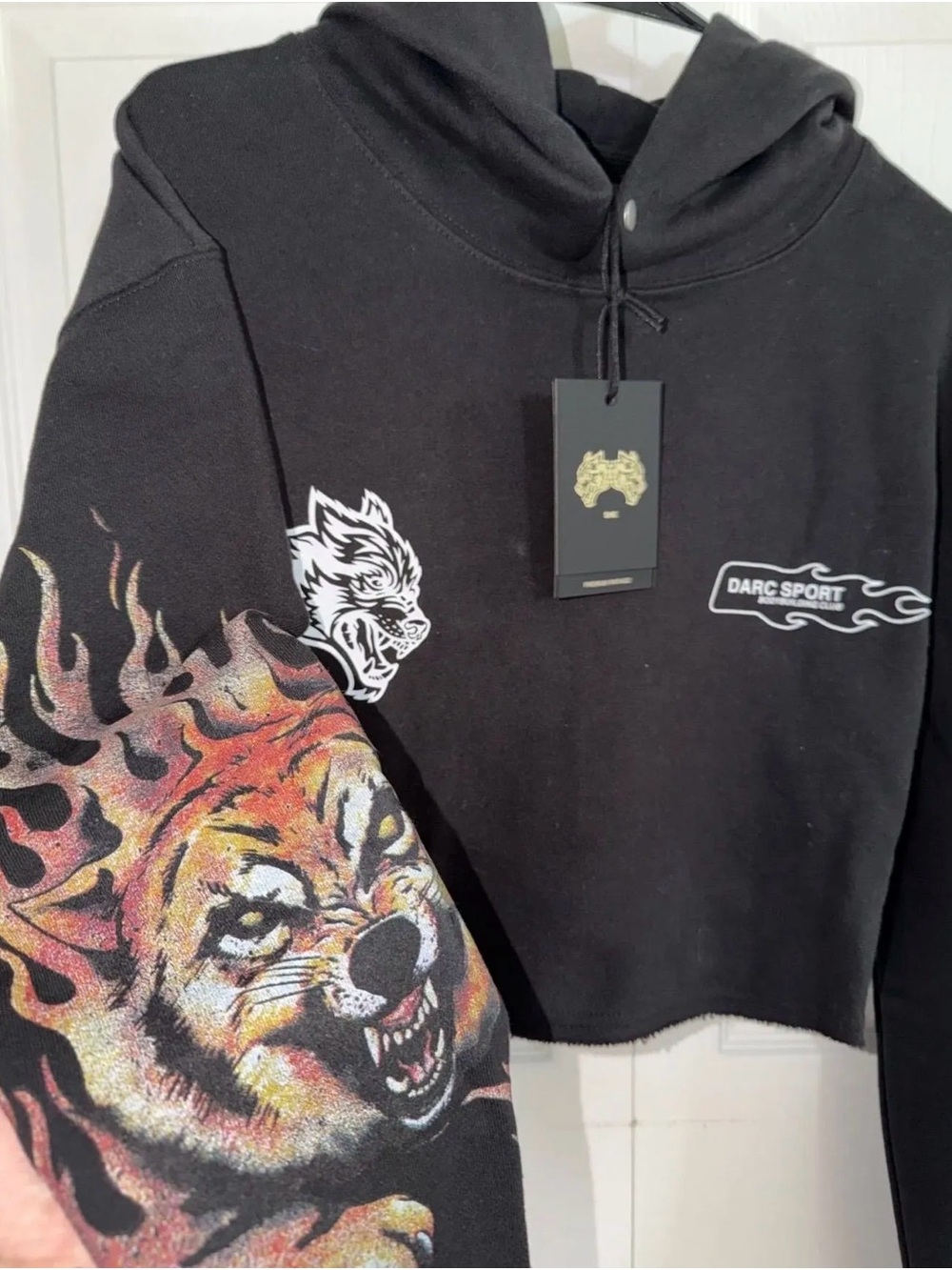Darc Sport Black Cropped Crewneck Hoodie with Fiery Wolf Sleeve